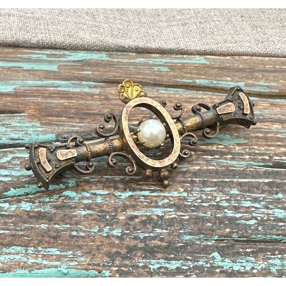 Antique Victorian Gold Filled Pearl Brooch Pin Ornate Etruscan Revival 2.25"